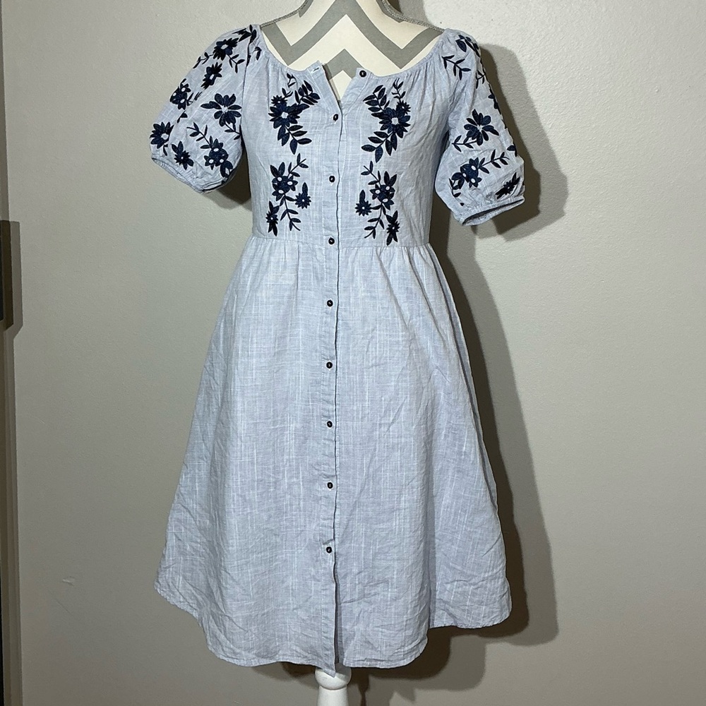 Osmose Size Small Blue Midi Dress with Navy Floral Embroidery